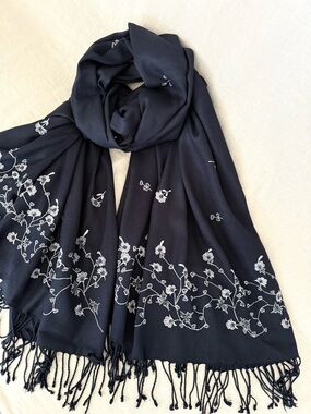 LOFT Black Embroidered Fringe Scarf Floral Boho Wrap